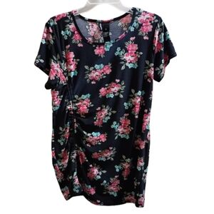 Pre Loved Kristin Nicole Women's Size 1X Floral Print Side Ruched Black Blouse